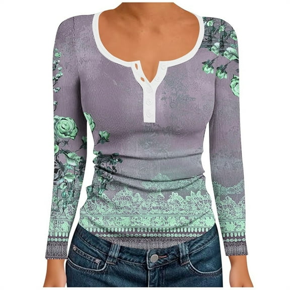 Lopecy-Sta Women's Floral Print Henley Top, Ribbed Long Sleeve Square Neck T-Shirt, Casual Fashion Stretch Basic Layering Top for Daily Wear Green L