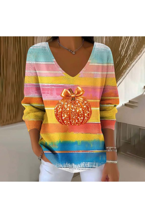 Women's Halloween Thanksgiving Sparkle Pumpkin Print V-Neck Sweater, Polyester Fleece Lightweight Long Sleeve Pullover Multicolor 2XL