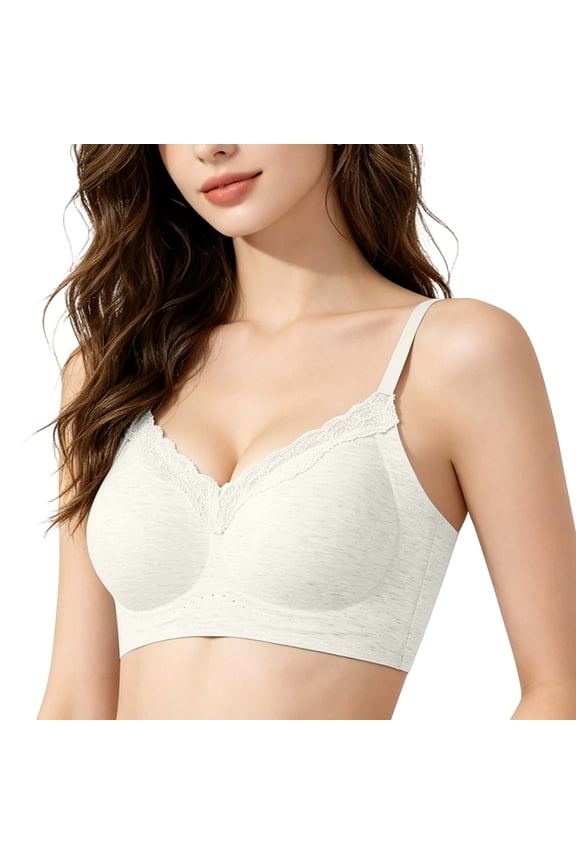 Women’s Heather Gray Thin Strap Scalloped Lace V-Neck Wireless Bra Perforated Breath Molded Pads Wire Free Soft Support Invisible T-Shirt Office Home Daily Comfort Underwear
