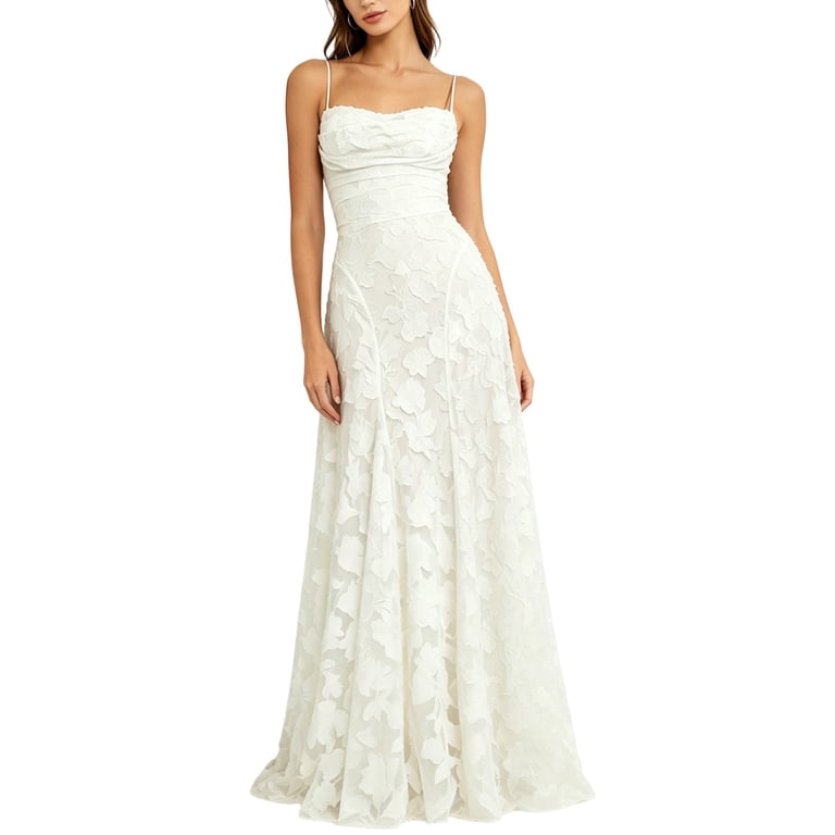 sweetheart floral ruched long formal dress Lopecy-sta Womens Maxi Gown Spaghetti Strap Lace Mermaid Neck Floor Length Dress, Women's, Size: Large, White usa