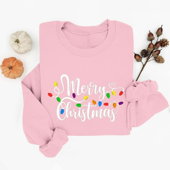 Lopecy-Sta Women's Merry Christmas Light Print Crewneck Sweatshirt, Casual Long Sleeve Pullover Top for Holiday Party Daily Wear Pink M