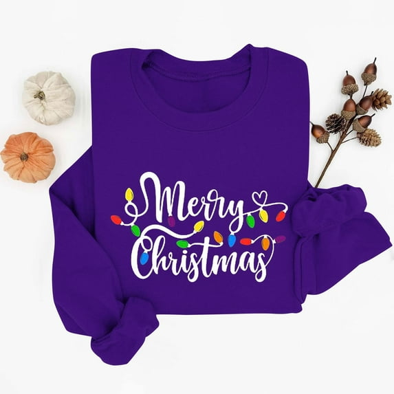 Lopecy-Sta Women's Merry Christmas Light Print Crewneck Sweatshirt, Casual Long Sleeve Pullover Top for Holiday Party Daily Wear Purple M