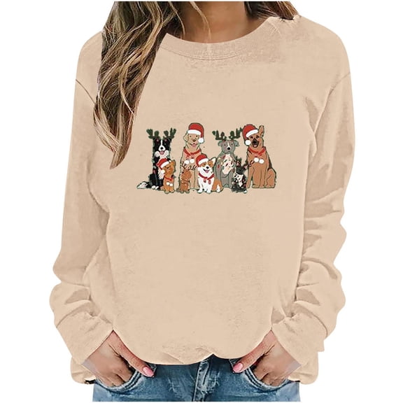 Lopecy-Sta Women's Merry Christmas String Lights Graphic Crew Neck Sweatshirt, Loose Long Sleeve Japanese Sweatshirt, Festive Holiday Casual Pullover Top Beige L