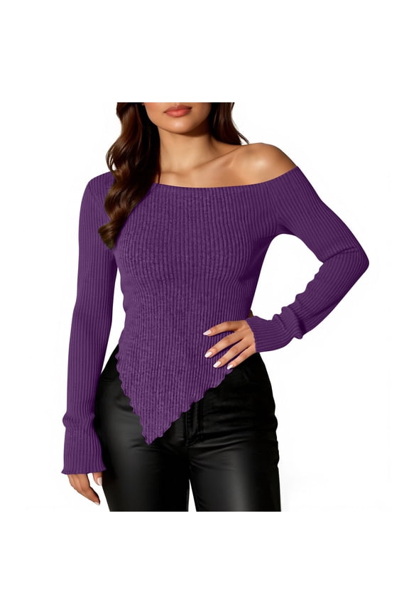 Women's Off Shoulder Ribbed Knit Top, Slim Fit Asymmetric Hem Long Sleeve Shirt, Imitation Sweater Casual Blouse Purple L