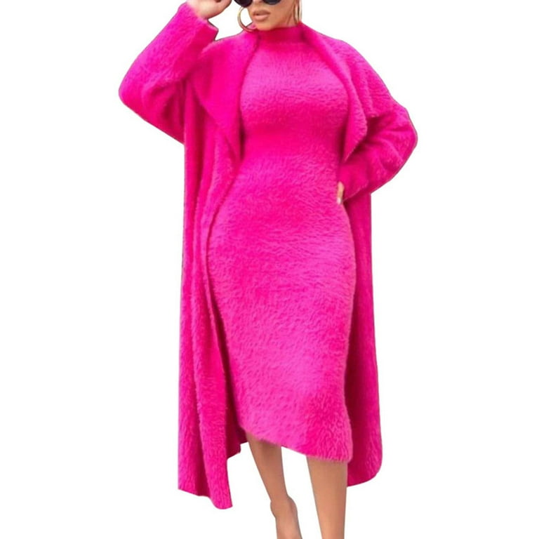 Lopecy-Sta Women's One Coat Two Wear Slim Reversible Velvet Dress Cardigan  Loose Long Coat Two Piece Suit+belt Deals Clearance Womens Dresses summer  dresses for women Hot Pink 