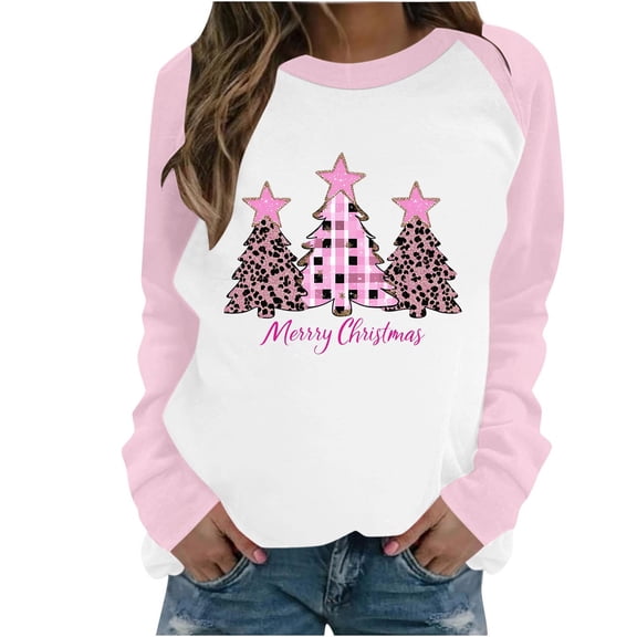 Lopecy-Sta Women's Pink Christmas Tree Print Raglan Sweatshirt, Casual Long Sleeve Crew Neck Pullover, Healthy Fabric Fleece Holiday Top for Women Pink S