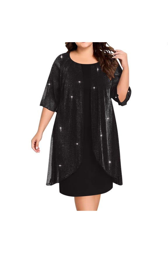 Women's Plus Dresses Round Neck Three Quarter Sleeve 2 Piece Midi Dress With Cardigan Cover Sequin Fabric Formal Style For Parties And Banquets