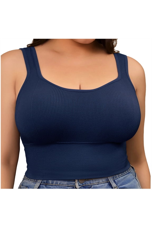Women’s Ribbed Square Neck Wide Strap Longline Wireless Bralette Nylon Spandex Built-In Pads Wire Free Soft Support Crop Top Summer Off Shoulder Casual Daily Loungewear Underwear