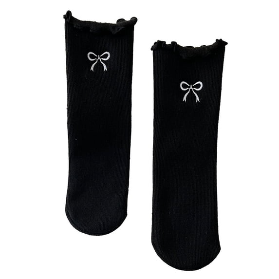Lopecy-Sta Women's Ruffle Crew Socks with Bow Embroidery, Soft Ribbed Mid-Calf Socks, Cute Frilly Casual Socks for Daily Wear, School Uniform, Gift