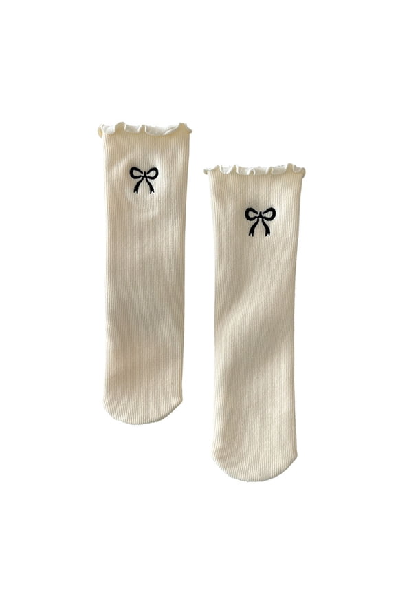 Women's Ruffle Crew Socks with Bow Embroidery, Soft Ribbed Mid-Calf Socks, Cute Frilly Casual Socks for Daily Wear, School Uniform, Gift