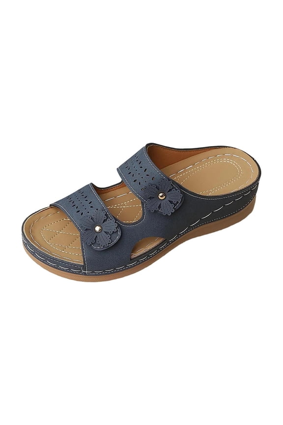 Women's Sandals Floral Cutout Slide Open Toe Double Strap Perforated Slip On Wedge Sandals Soft Faux Suede Comfort Arch Support Insole Casual Summer Sandals