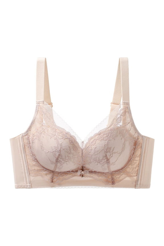 Women’s Sheer Mesh Floral Lace Support Bra, Wire Free Nylon Spandex Lightly Padded Cups, Wide Adjustable Straps, Delicate Bow Detail V Neck Anti-Sagging Bra