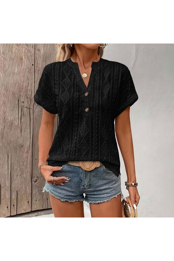 Women's Short Sleeve Jacquard Blouse,Elegant Diamond Textured V Neck Henley Top,Cute Button Detail Casual T-Shirt with Rolled Cuffs for Daily Office Wear