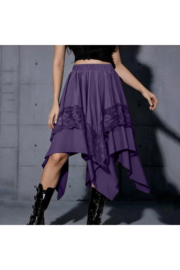Skirts for Women High Low Lace Trim Gothic Skirt Elastic Waist Irregular Hem A Line Skirt for Halloween Costume