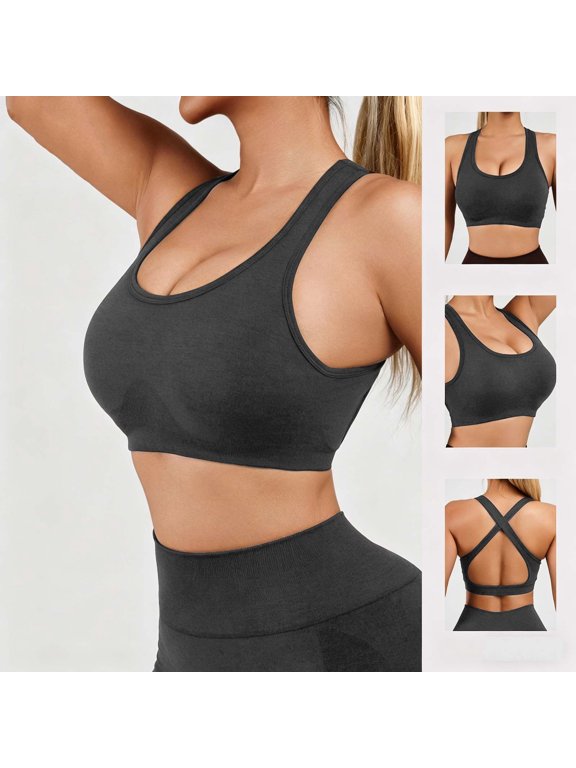Women’s Sports Bra Racerback Front Cutout Seamless Workout Crop Top Removable Padded Comfort Bra Soft Stretch for Yoga Gym Daily Wear