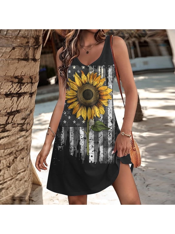 Women's Sunflower Distressed Print Sleeveless V-Neck Nightdress with Pockets Side Slit Casual Sleepwear Loungewear