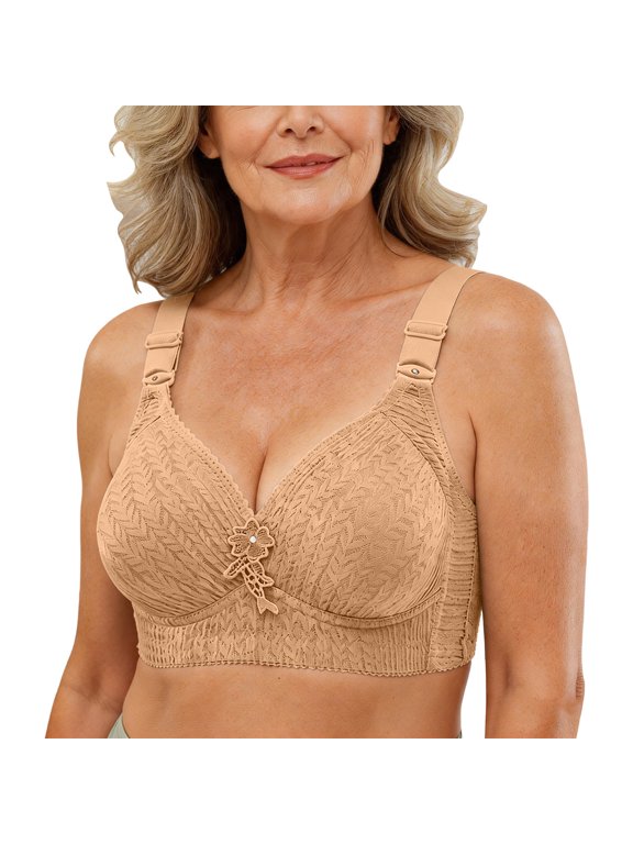 Women’s Textured Leaf Lace V-Neck Wide Adjustable Strap Wireless Bra Nylon Spandex Floral Center Applique Light Padded Soft Breathable Support Mature Ladies Casual Underwear