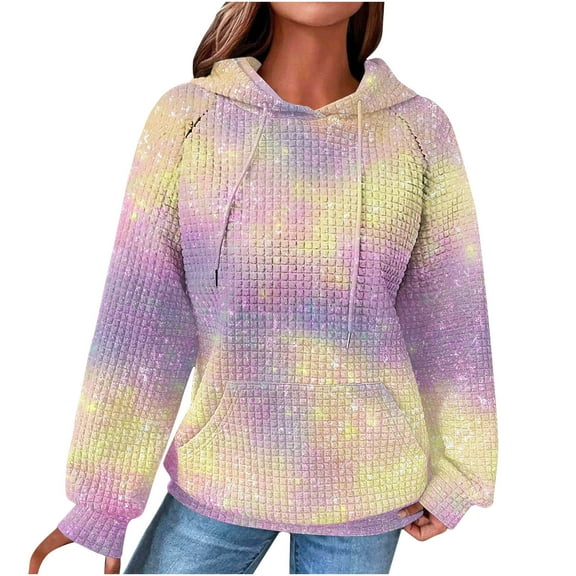 Lopecy-Sta Women's Tie Dye Hoodie, Waffle Knit Long Sleeve Pullover with Pocket, Casual Drop Shoulder Hooded Sweatshirt for Women Fashion Purple S