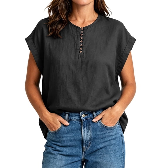 Lopecy-Sta Women’s Top Round Neck Partial Placket Linen Blend Cap Sleeve Loose Oversized Blouse Lightweight Breathable Crinkle Fabric Casual Shirt