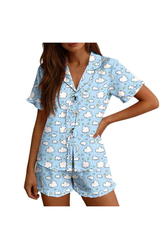 Women's Two Piece Loungewear Set Notched Collar Short Sleeve Bow Tie Front Top and Elastic High Waist Frill Trim Shorts Cute Night鈥慣hemed Pajama Sleepwear