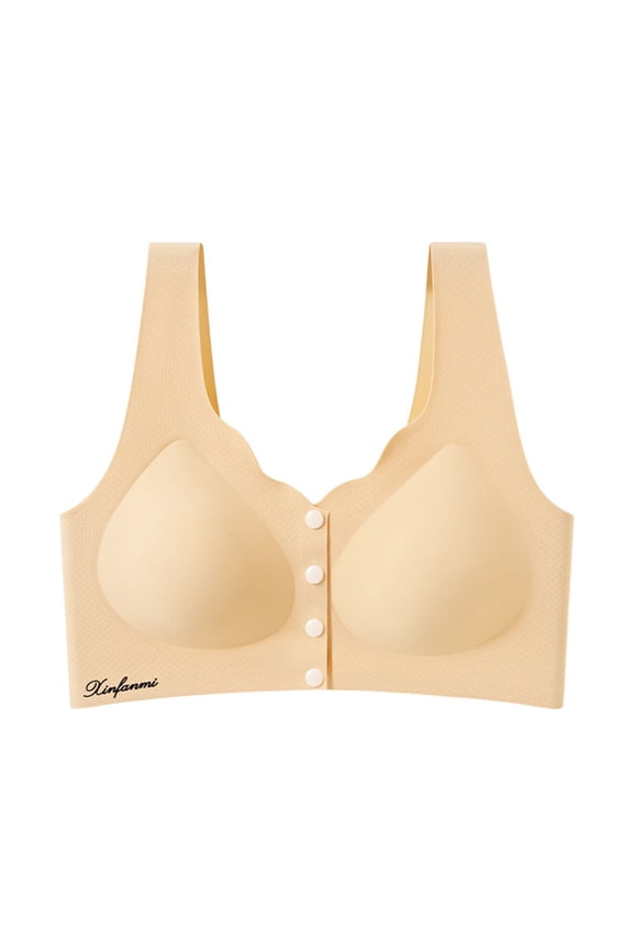 Women’s Wavy Scalloped Front Button Wide Strap Perforated Seamless Wireless Bra Large Molded Support Cups Wire Free High Stretch Soft Breathable Mature Ladies Daily Underwear