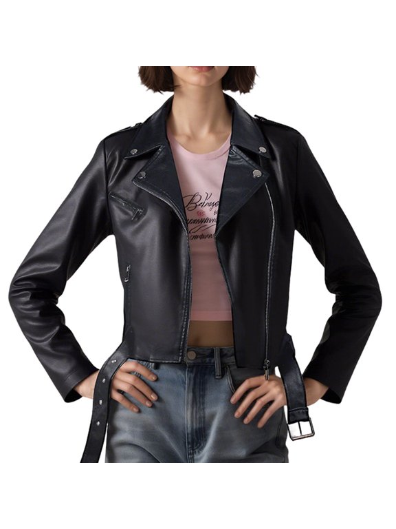 Women's Zip-Up Biker Moto Jacket Lapel Faux Leather Short Coat Edgy Streetwear Outerwear for Fall and Winter, Multiple Color Options