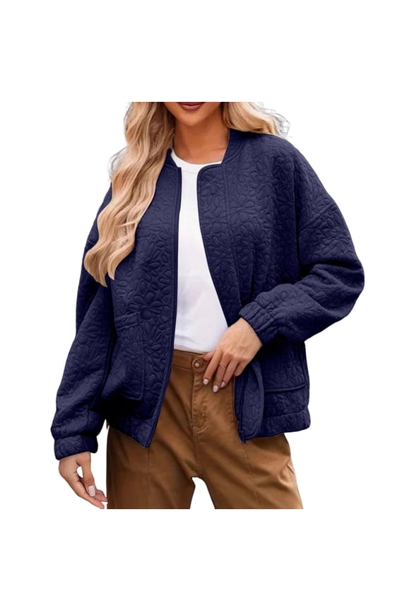 Women's Zip Up Loose Bomber Coat Crew Neck Solid Long Sleeve Baseball Jacket Vintage Streetwear Outerwear for Fall Winter