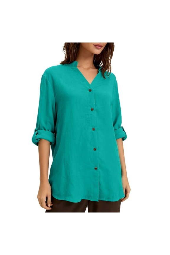 Womens Blouse Solid Split Neck Linen Button Up Rollable Cuff Loose Curved Hem Casual Top Wrinkle Resistant Lightweight Basic Shirt