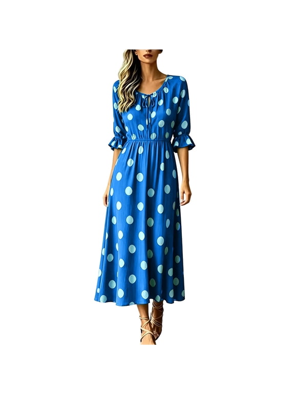 Womens Dresses Round Neck Drawstring Elastic Waist Polka Dots Midi Dress 3/4 Sleeve Ruffle Cuff Bohemian Beach Vacation Dress