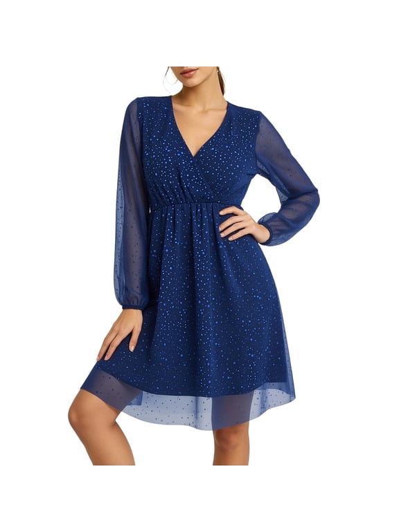 Womens Dresses V Neck Faux Wrap Elastic Waist A Line Mini Dress Long Sleeve Chiffon Overlay Fit for Wedding Guest Dinner Date Semi formal Events