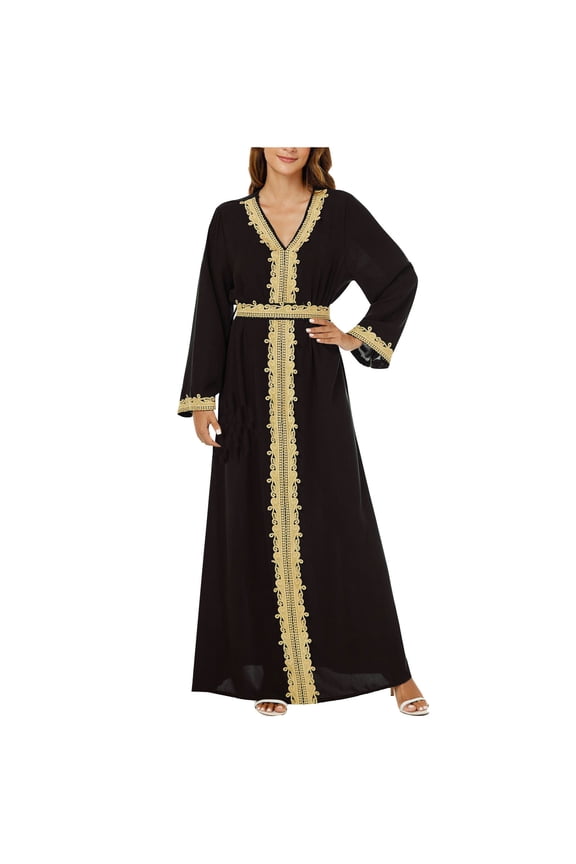 Womens Dresses V Neck Long Sleeve Lace Trim Belted Abaya Style Maxi Dresses For Party