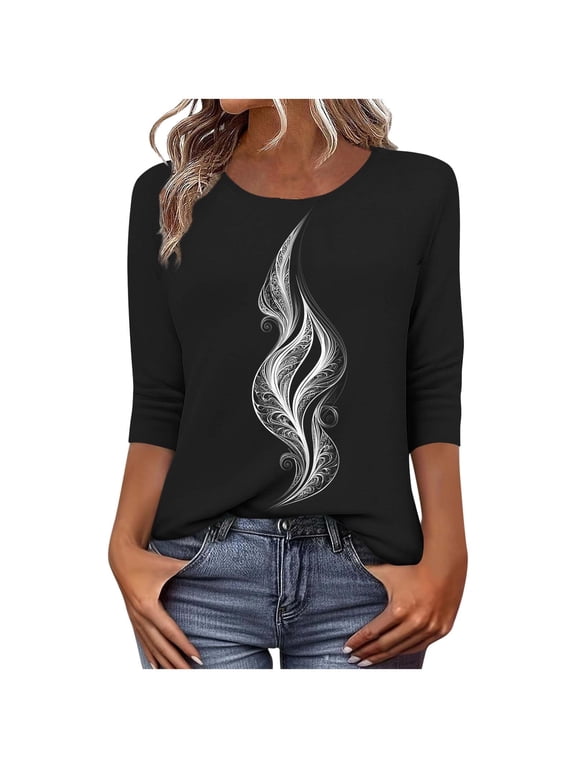 Womens Dressy Blouses 3/4 Length Sleeve Tops for Women Dressy Floral Crew Neck T Shirts Loose Fit Graphic Tees Lightweight Tops Blouses