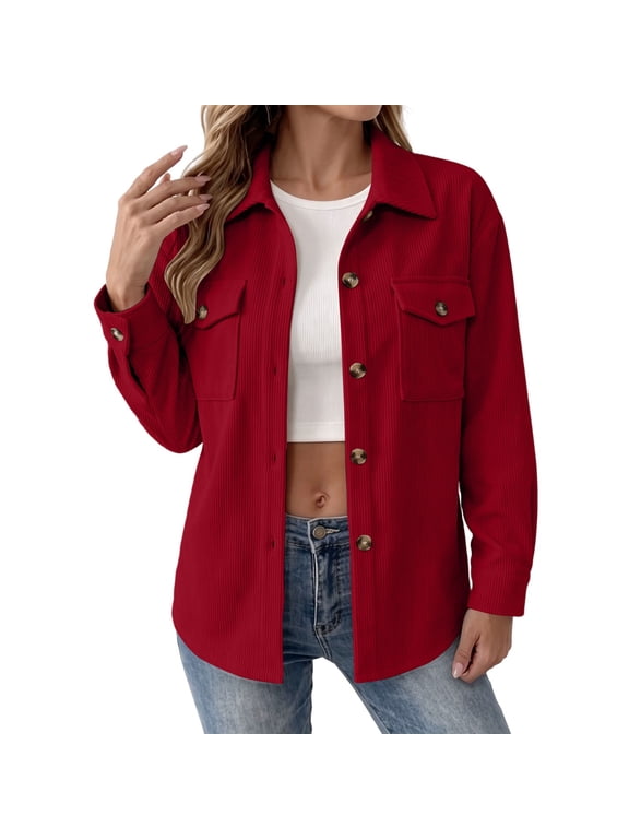 Womens Jackets Straight Long Sleeve Button Up Classic Lapel Collar Pocket Outerwear Coat