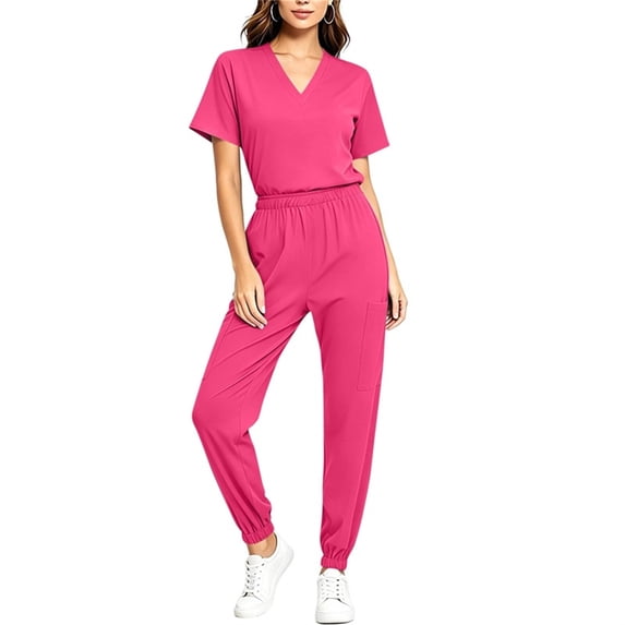 Lopecy-Sta Womens Matching Sets V Neck Short Sleeve Pocket Tops and Cuffed Jogger Pants Comfortable Work Uniform Two Piece Loungewear Outfits