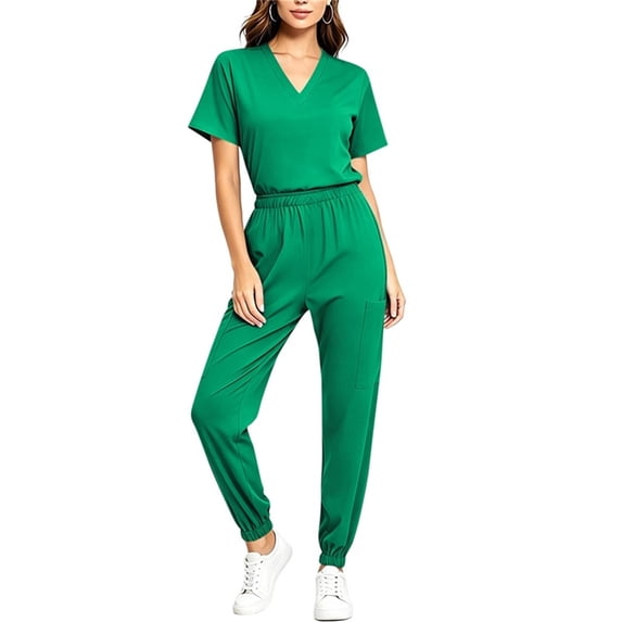 Lopecy-Sta Womens Matching Sets V Neck Short Sleeve Pocket Tops and Cuffed Jogger Pants Comfortable Work Uniform Two Piece Loungewear Outfits
