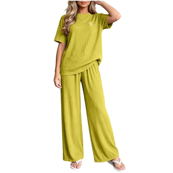 Lopecy-Sta Womens Sets Crew Neck Short Sleeve Loose Top High Waist Wide Leg Pants Summer Daily Casual Matching Outfit Tracksuit