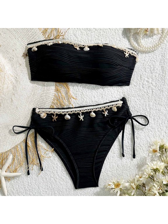 Womens Swimsuits Two Piece Bandeau Neck Wave Texture Bikini with Seashell and Starfish Embellishments, Lace Trim Tie Side Bottoms Bathing Suit
