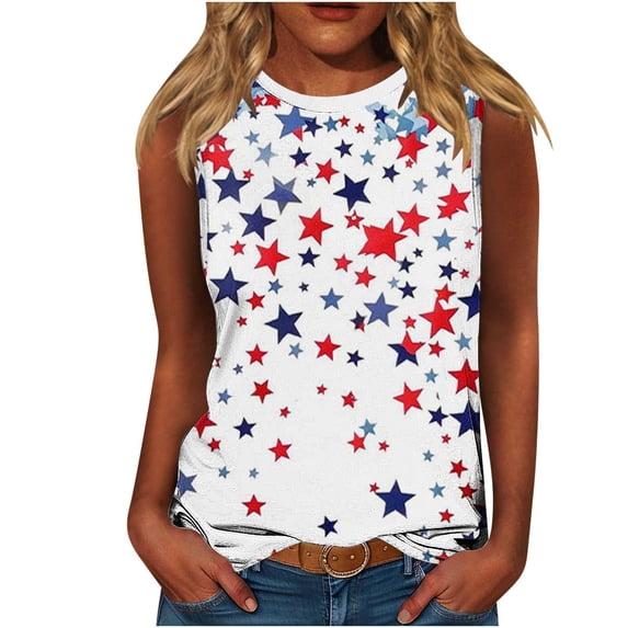 Lopecy-Sta Womens Tank Tops Crew Neck Star Print Sleeveless Shirts Patriotic Casual Tops