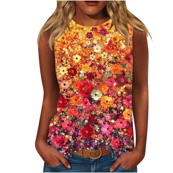 Lopecy-Sta Womens Tank Tops, Floral Print Sleeveless Tops, Crew Neck Loose Fit Casual Blouses, Lightweight Summer Tank Tops for Daily Wear
