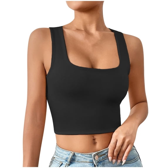 Lopecy-Sta Womens Tank Tops Square Neck Wide Strap Crop Tank Tops Sleeveless Casual Basic Tees