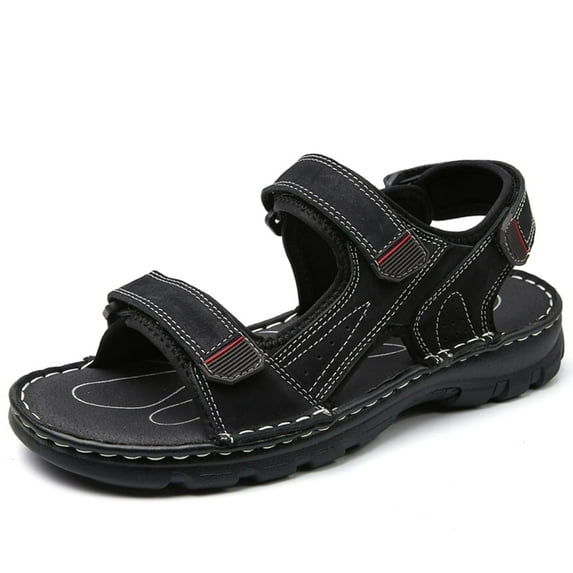 Lopise men's summer sandals leather casual beach sandals non slip folding resistance black sandals US size 12