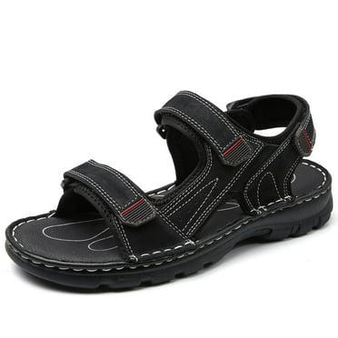 Lopise men's summer sandals leather casual beach sandals non slip folding resistance black sandals US size 9