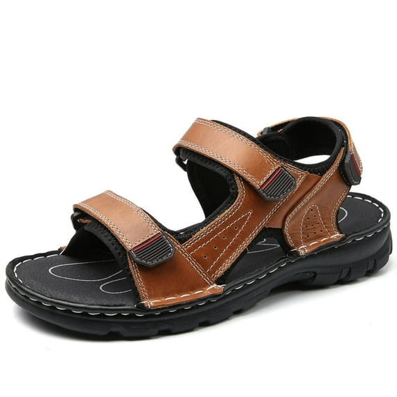 Lopise men's summer sandals leather casual beach sandals non slip folding resistance brown sandals US size 12.5
