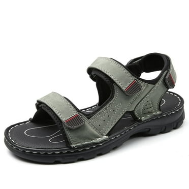 Lopise men's summer sandals leather casual beach sandals non slip folding resistance khaki sandals US size 7.5