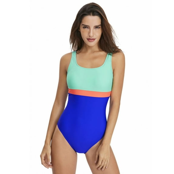 Lopsie TEMPTATION Women's Athletic One Piece Swimsuits Racing Training Sports Bathing Suit Color Block Swimwear Dark Blue