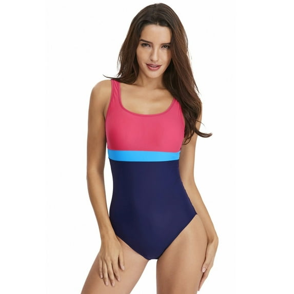 Lopsie TEMPTATION Women's Athletic One Piece Swimsuits Racing Training Sports Bathing Suit Color Block Swimwear Fushia