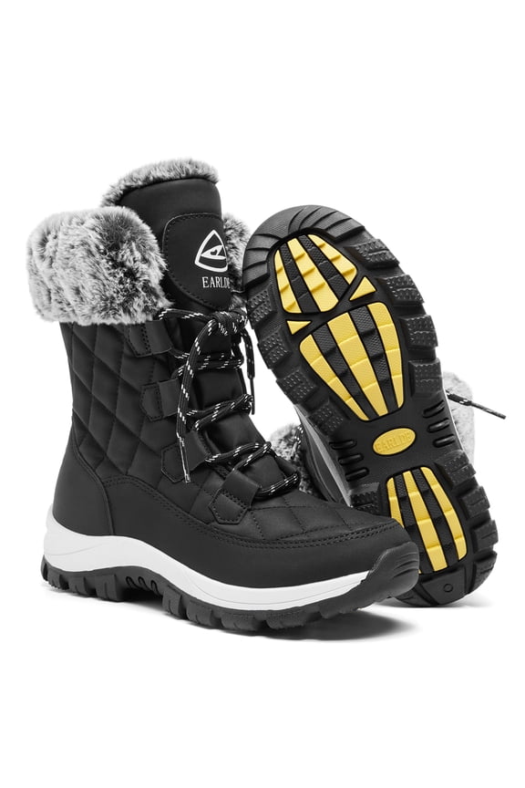 Women’s Snow Boot With Waterproof Lace Up Mid-Calf Outdoor Winter Deep Tread Rubber Sole