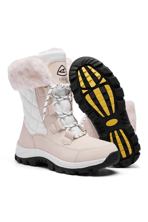 Women’s Snow Boot With Waterproof Lace Up Mid-Calf Outdoor Winter Deep Tread Rubber Sole