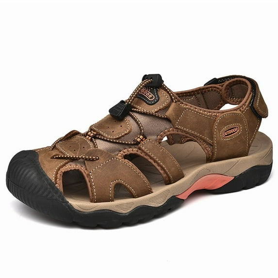 Lopsie men's summer leather sandals breathable casual beach men's sandals closed toe crash brown sandals US size 6.5