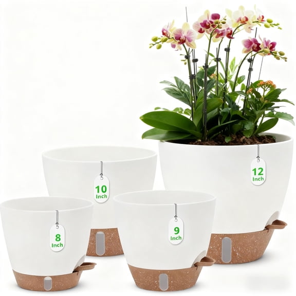 Lopxenu 12/10/9/8 Inch Self Watering Pots with Visual Water Window, Extra Large Self Watering Plant Pot with Drainage Holes and Saucers, Plastic Flower Pots for Indoor Plants (White)